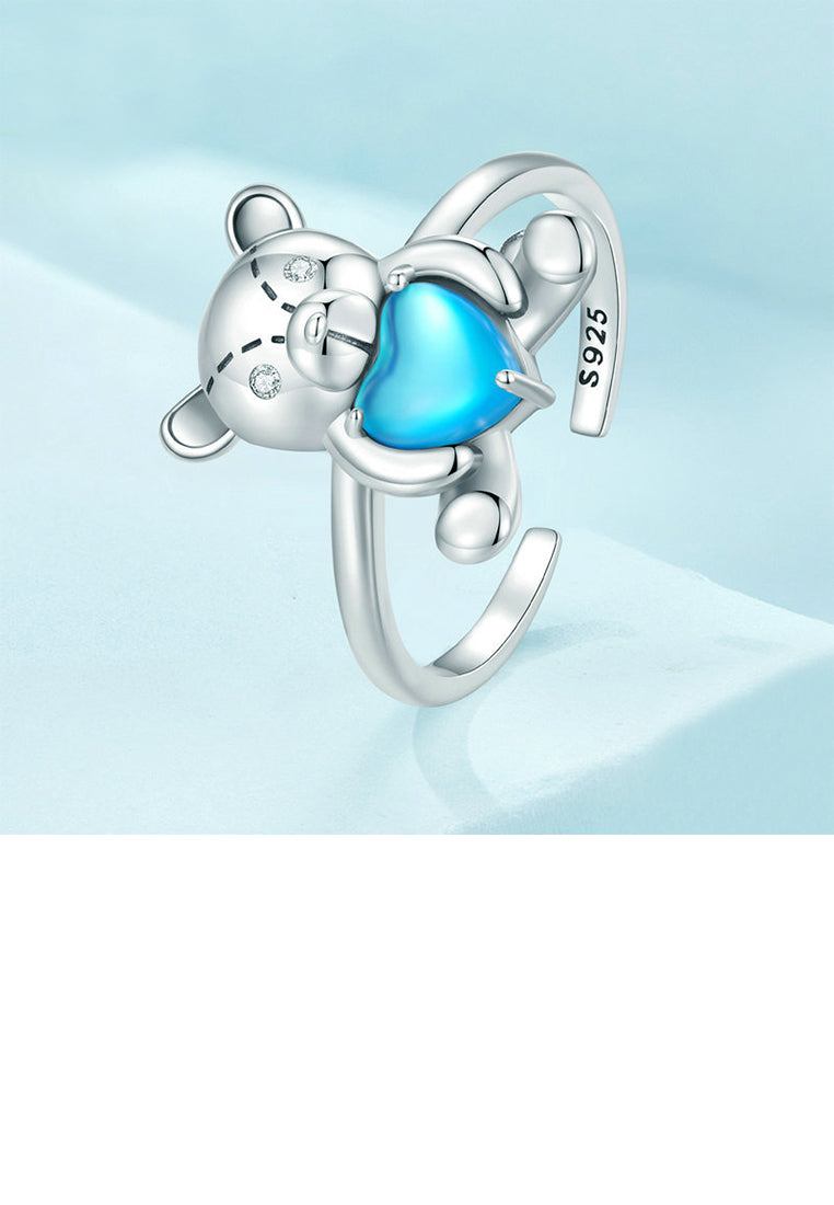 925 Sterling Silver Cute Playful Blue Heart Bear Adjustable Open Ring with Cubic Zirconia - Luxurious Look