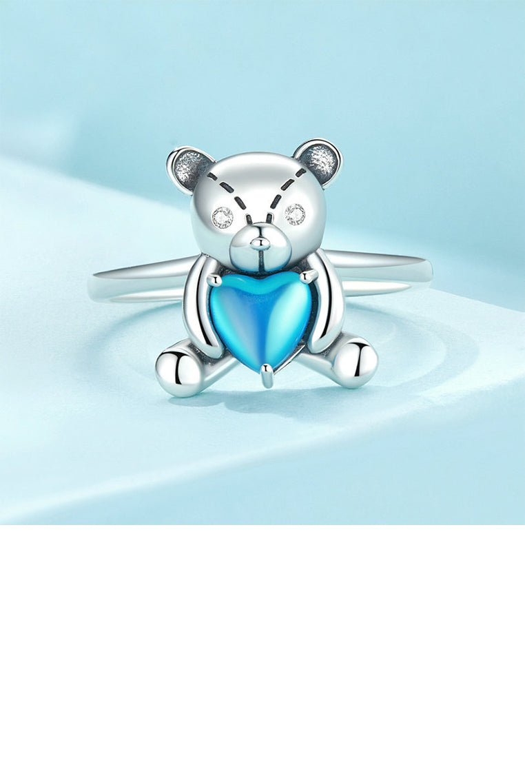 925 Sterling Silver Cute Playful Blue Heart Bear Adjustable Open Ring with Cubic Zirconia - Luxurious Look