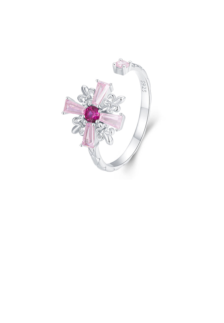 925 Sterling Silver Fashion Pink Iris Cross Adjustable Open Ring with Cubic Zirconia - Luxurious Look - Vibrant Color