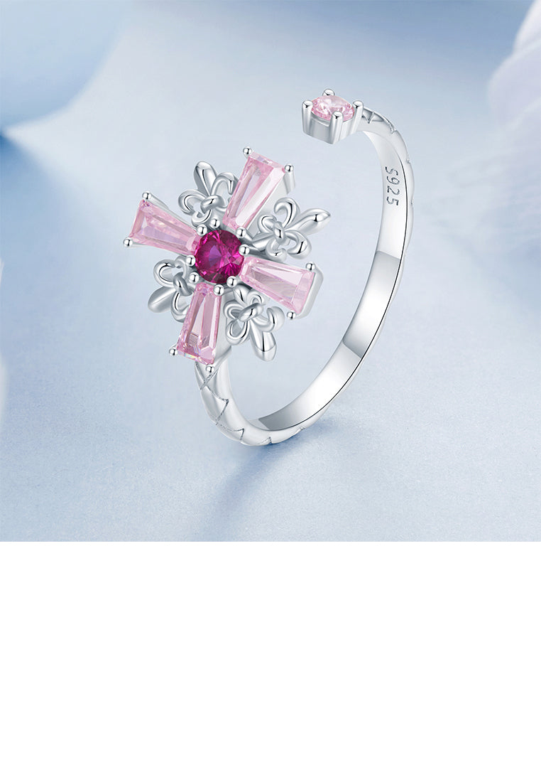 925 Sterling Silver Fashion Pink Iris Cross Adjustable Open Ring with Cubic Zirconia - Luxurious Look - Vibrant Color