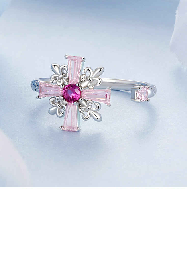 925 Sterling Silver Fashion Pink Iris Cross Adjustable Open Ring with Cubic Zirconia - Luxurious Look - Vibrant Color
