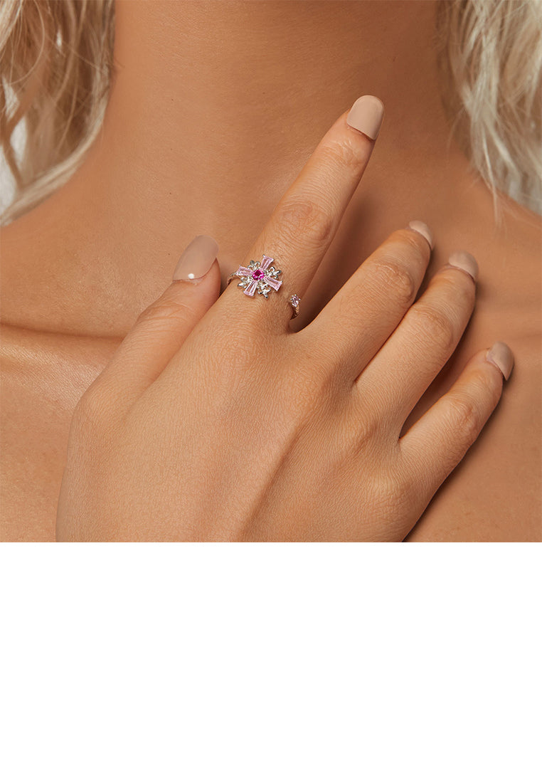 925 Sterling Silver Fashion Pink Iris Cross Adjustable Open Ring with Cubic Zirconia - Luxurious Look - Vibrant Color