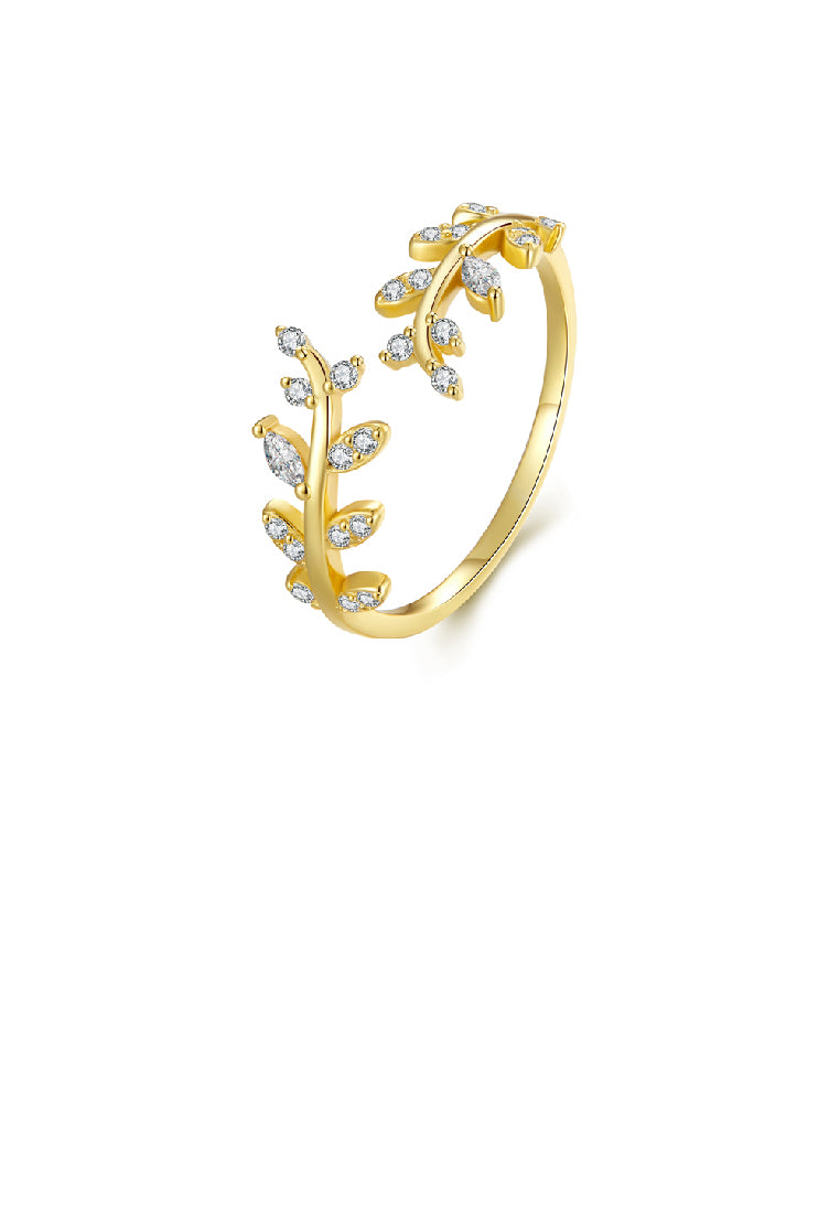 925 Sterling Silver Plated Gold Simple Fashion Leaf Adjustable Open Ring with Cubic Zirconia - Luxurious Look