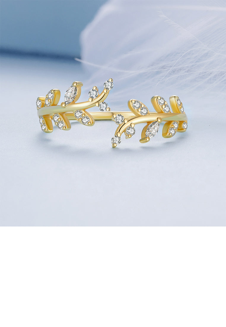 925 Sterling Silver Plated Gold Simple Fashion Leaf Adjustable Open Ring with Cubic Zirconia - Luxurious Look
