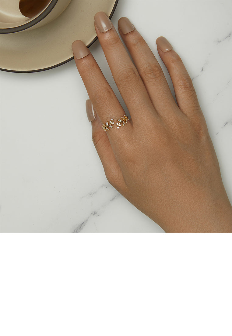 925 Sterling Silver Plated Gold Simple Fashion Leaf Adjustable Open Ring with Cubic Zirconia - Luxurious Look