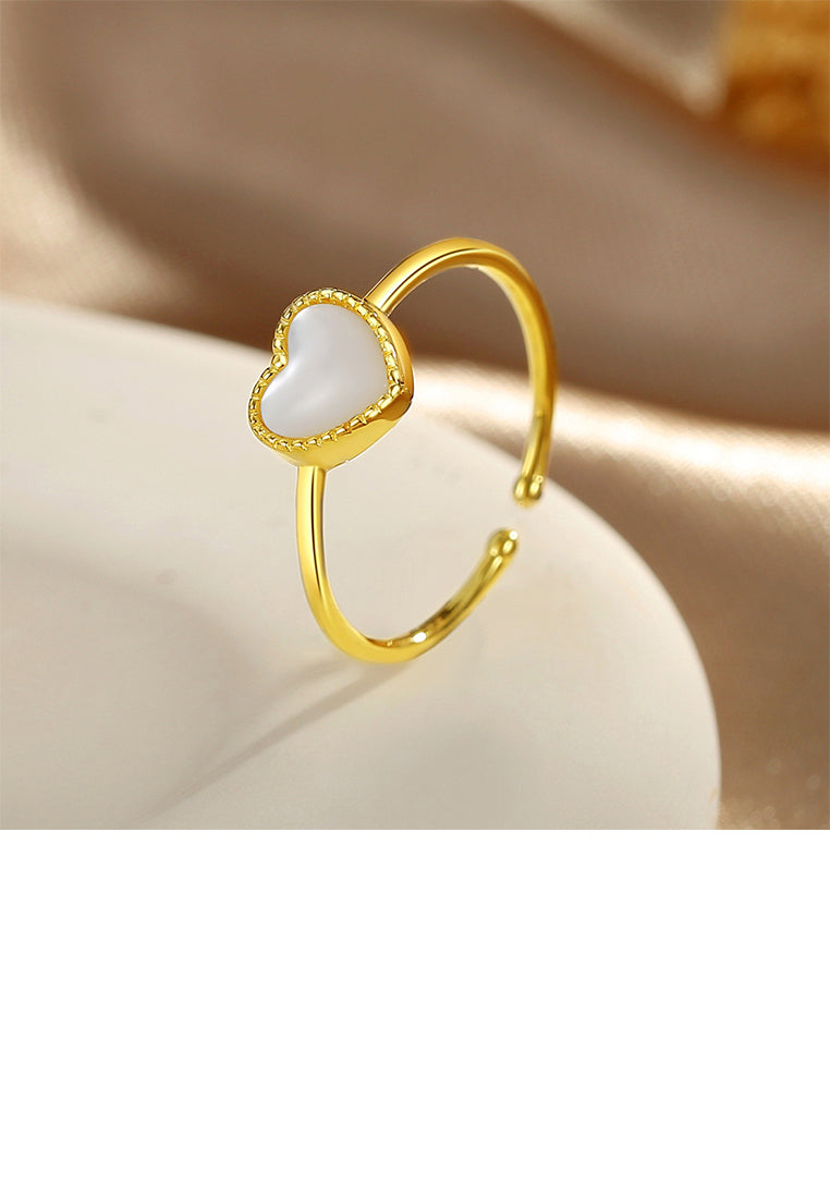 925 Sterling Silver Plated Gold Simple Romantic Heart-shaped Imitation Pearl Adjustable Open Ring - Luxurious Look