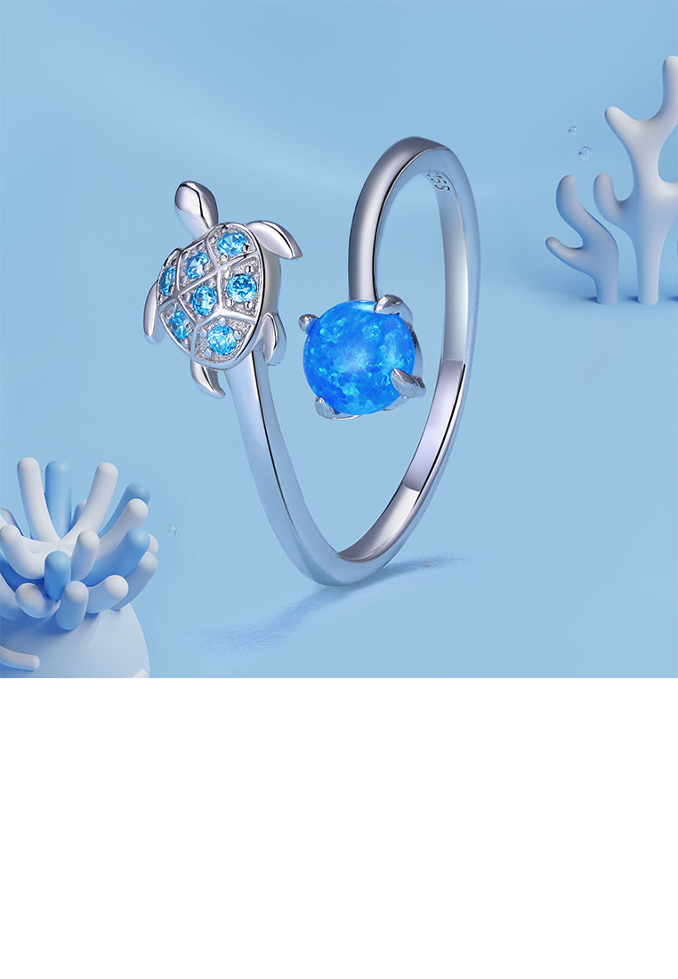 925 Sterling Silver Brilliant Lovely Turtle Geometric Adjustable Open Ring with Cubic Zirconia - Luxurious Look
