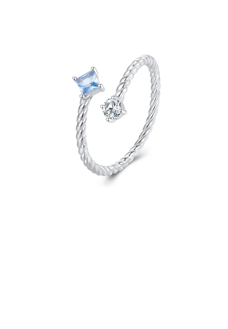 925 Sterling Silver Simple Fashion Geometric Blue Cubic Zirconia Square Twist Adjustable Open Ring - Luxurious Look