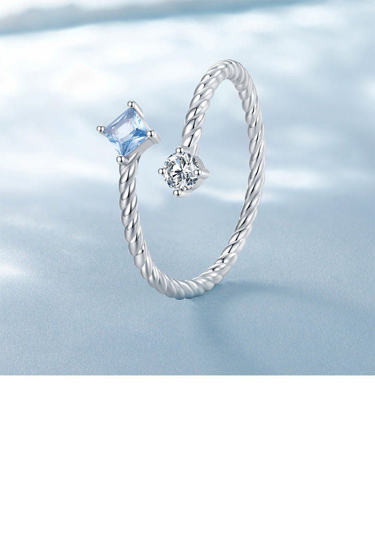 925 Sterling Silver Simple Fashion Geometric Blue Cubic Zirconia Square Twist Adjustable Open Ring - Luxurious Look