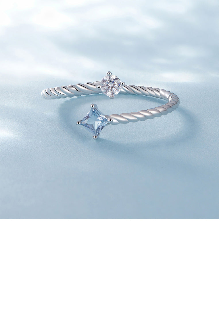 925 Sterling Silver Simple Fashion Geometric Blue Cubic Zirconia Square Twist Adjustable Open Ring - Luxurious Look