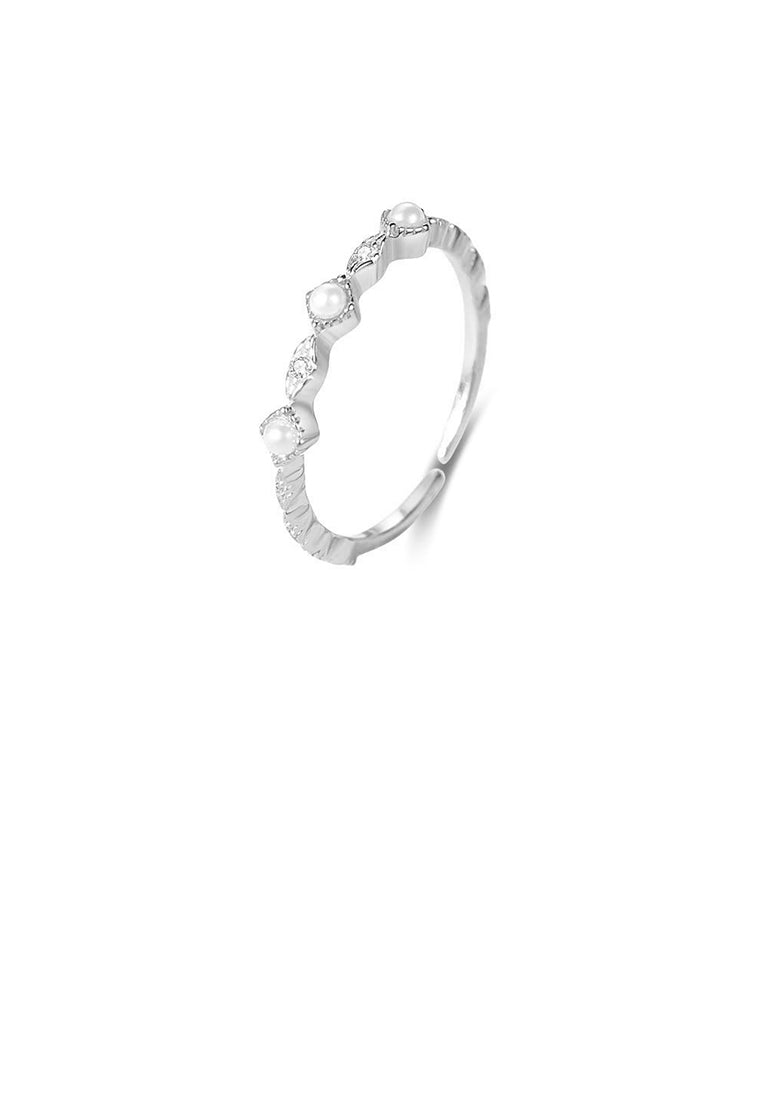 925 Sterling Silver Simple Geometric Imitation Pearl Adjustable Open Ring with Cubic Zirconia - Luxurious Look