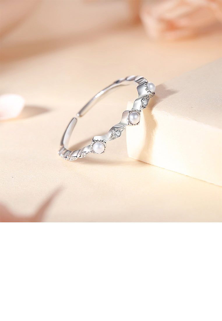 925 Sterling Silver Simple Geometric Imitation Pearl Adjustable Open Ring with Cubic Zirconia - Luxurious Look