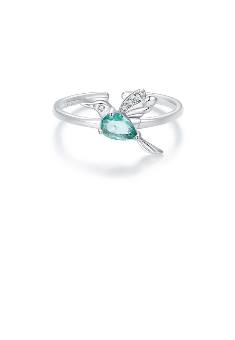 925 Sterling Silver Simple Cute Hummingbird Adjustable Open Ring with Cubic Zirconia - Luxurious Look
