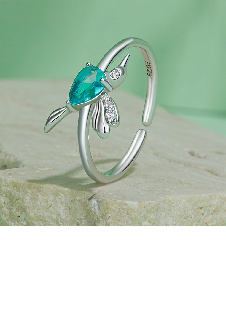 925 Sterling Silver Simple Cute Hummingbird Adjustable Open Ring with Cubic Zirconia - Luxurious Look