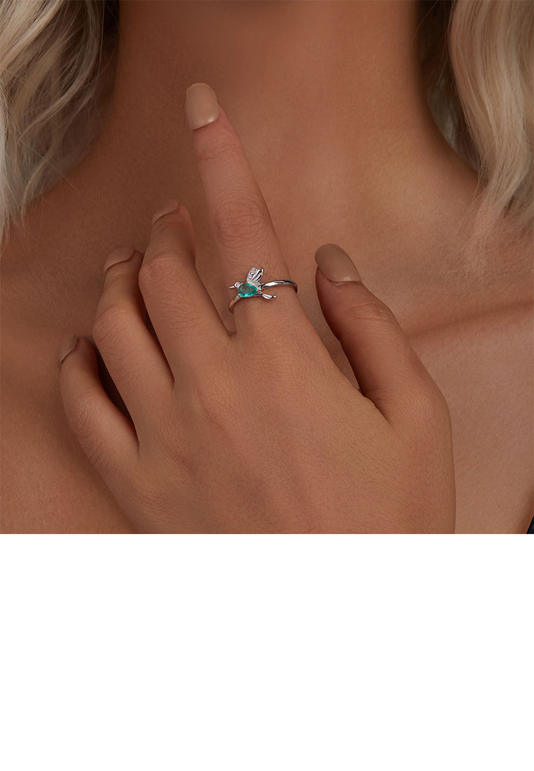925 Sterling Silver Simple Cute Hummingbird Adjustable Open Ring with Cubic Zirconia - Luxurious Look