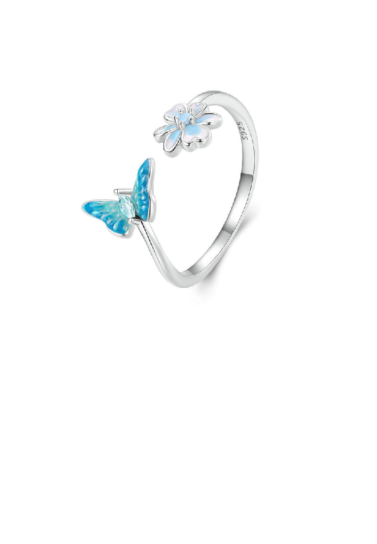 925 Sterling Silver Fashion Simple Enamel Blue Butterfly Flower Adjustable Open Ring with Cubic Zirconia - Luxurious Look