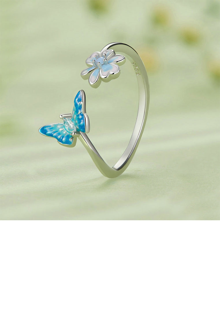 925 Sterling Silver Fashion Simple Enamel Blue Butterfly Flower Adjustable Open Ring with Cubic Zirconia - Luxurious Look