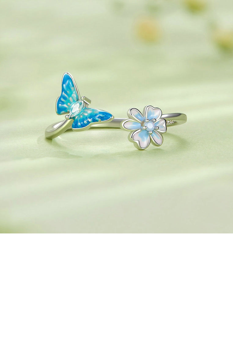 925 Sterling Silver Fashion Simple Enamel Blue Butterfly Flower Adjustable Open Ring with Cubic Zirconia - Luxurious Look