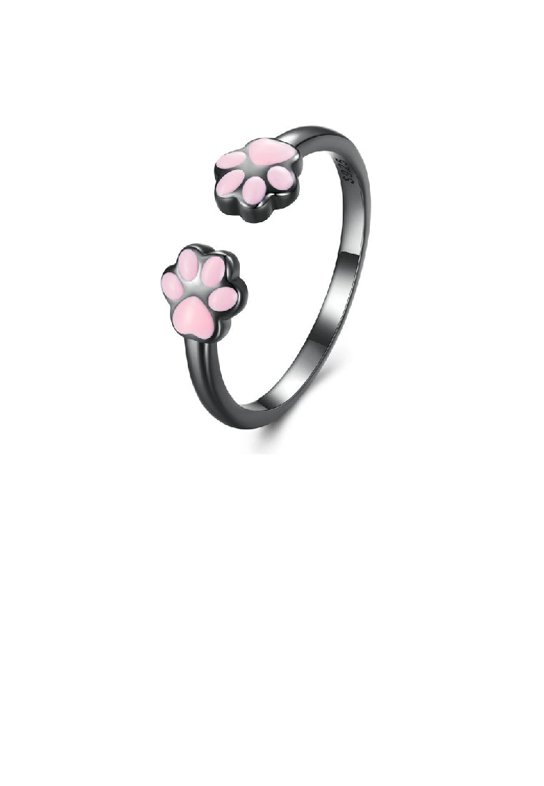 925 Sterling Silver Plated Black Cute Sweet Pink Cat Claw Geometric Adjustable Open Ring - Vibrant Color