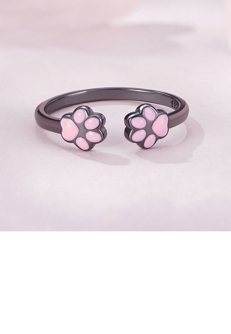 925 Sterling Silver Plated Black Cute Sweet Pink Cat Claw Geometric Adjustable Open Ring - Vibrant Color