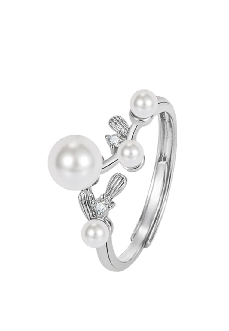 925 Sterling Silver Fashion Simple Leaf Freshwater Pearl Adjustable Ring - Luxurious Look