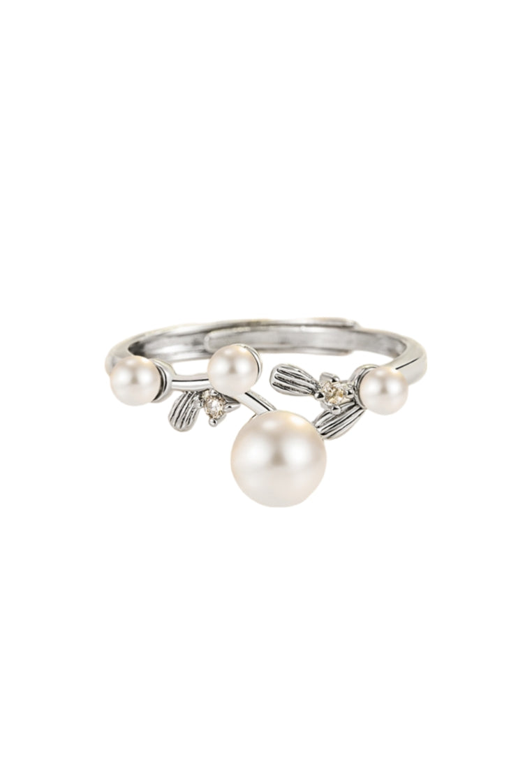925 Sterling Silver Fashion Simple Leaf Freshwater Pearl Adjustable Ring - Luxurious Look