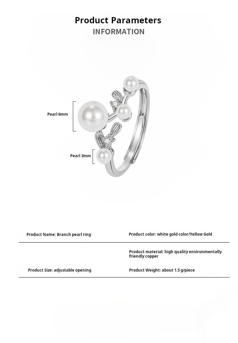 925 Sterling Silver Fashion Simple Leaf Freshwater Pearl Adjustable Ring - Luxurious Look