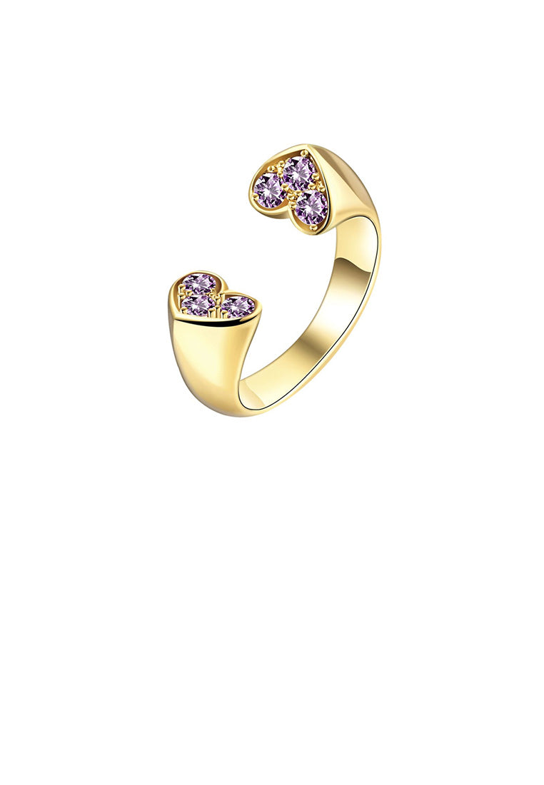 Simple and Romantic Plated Gold Double Heart Purple Cubic Zircon Adjustable Open Ring