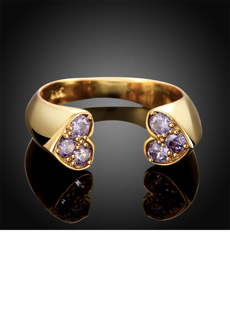 Simple and Romantic Plated Gold Double Heart Purple Cubic Zircon Adjustable Open Ring