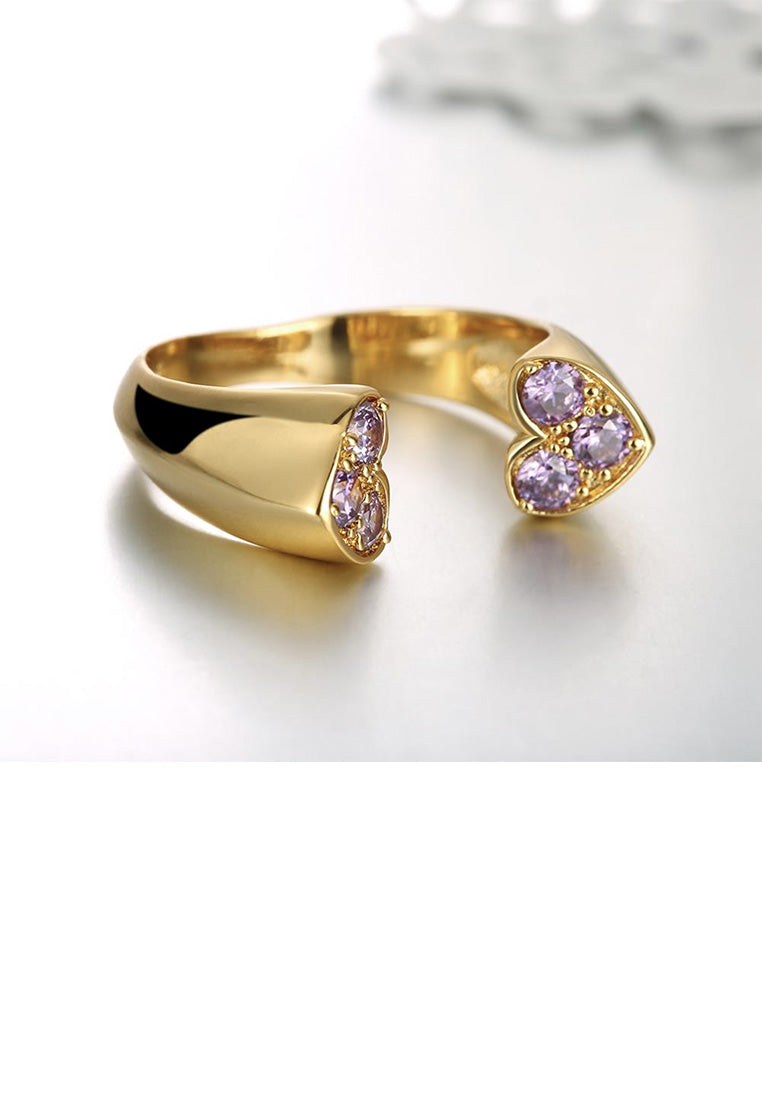 Simple and Romantic Plated Gold Double Heart Purple Cubic Zircon Adjustable Open Ring