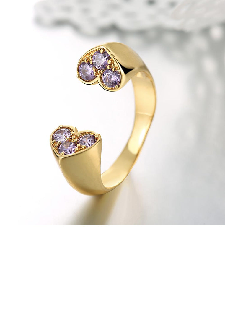 Simple and Romantic Plated Gold Double Heart Purple Cubic Zircon Adjustable Open Ring