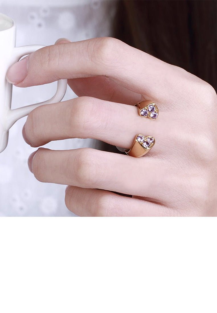 Simple and Romantic Plated Gold Double Heart Purple Cubic Zircon Adjustable Open Ring