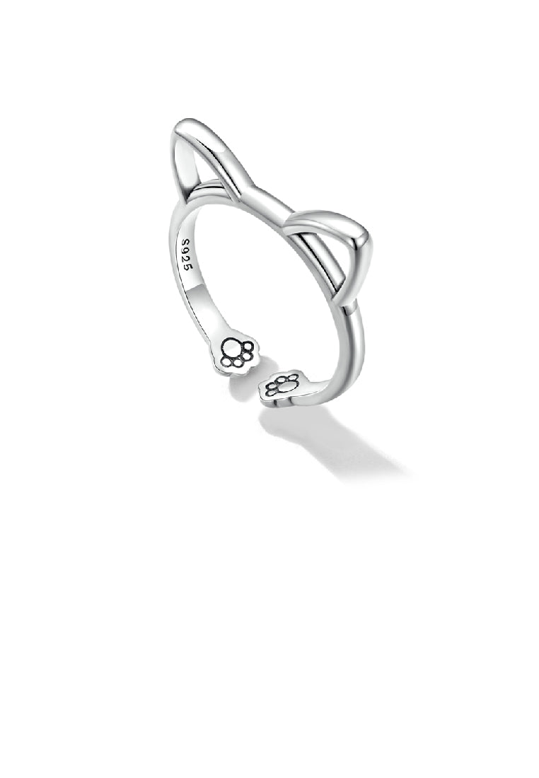 925 Sterling Silver Simple Cute Cat Adjustable Open Ring