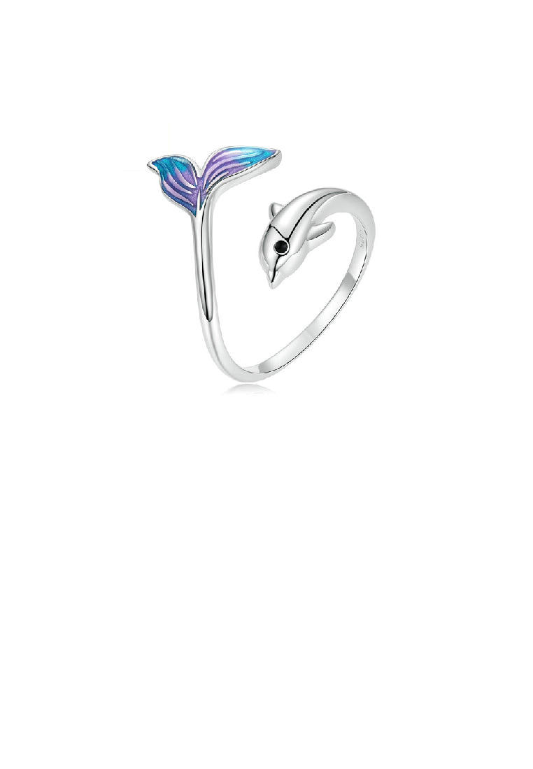 925 Sterling Silver Simple Cute Dolphin Enamel Colorful Tail Adjustable Open Ring