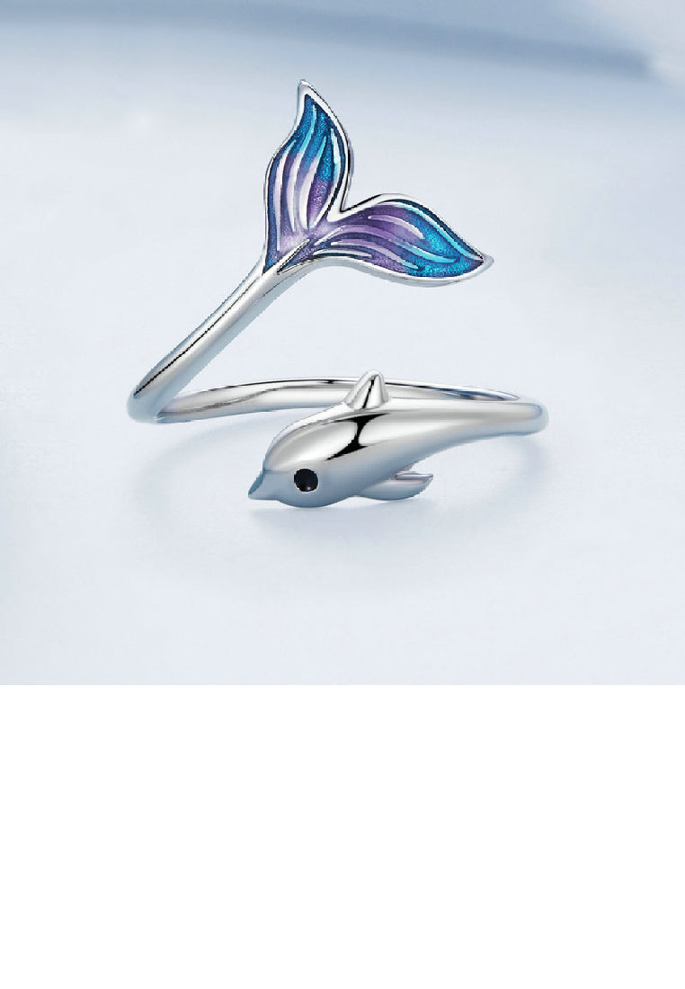925 Sterling Silver Simple Cute Dolphin Enamel Colorful Tail Adjustable Open Ring