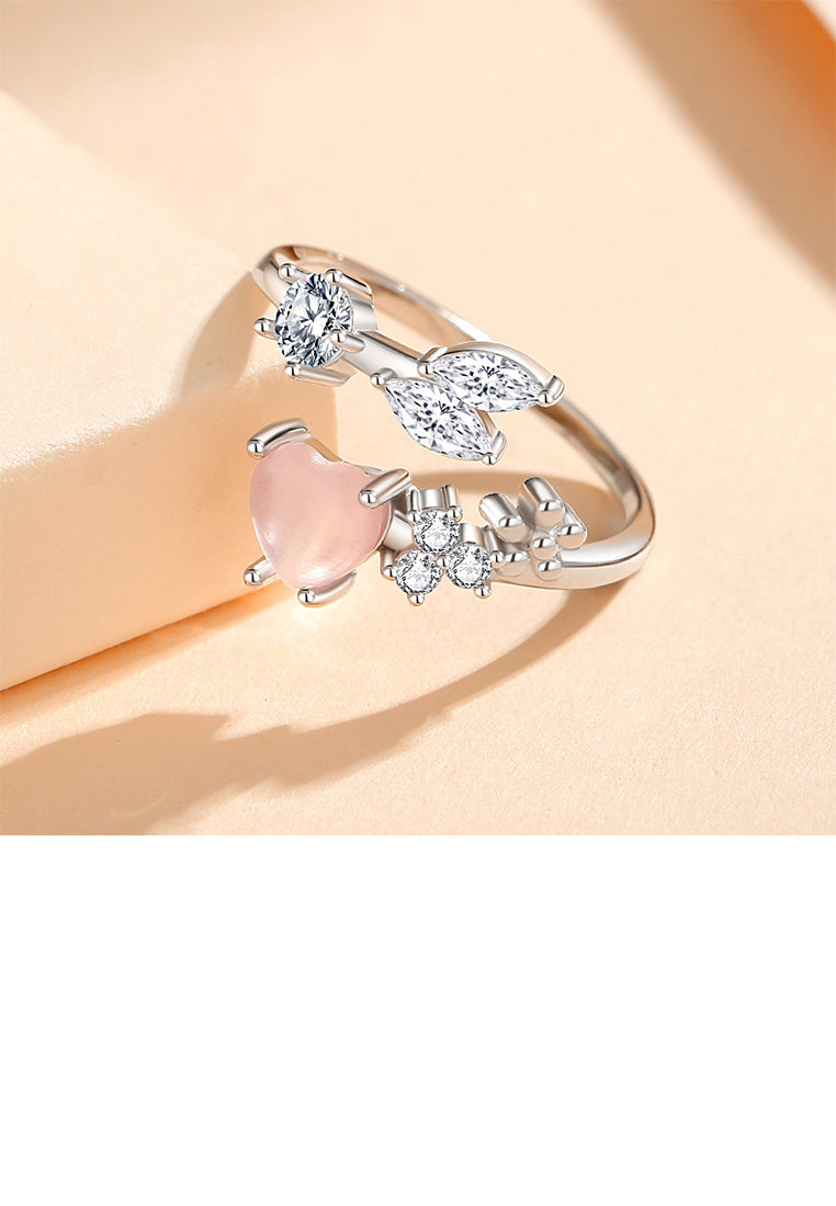 925 Sterling Silver Fashion and Simple Heart-shaped Cats Eye Adjustable Open Ring with Cubic Zirconia - Luxurious Look