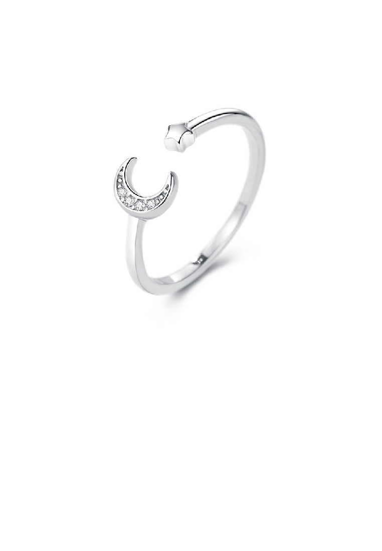 925 Sterling Silver Simple Fashion Moon Star Adjustable Open Ring with Cubic Zirconia - Luxurious Look