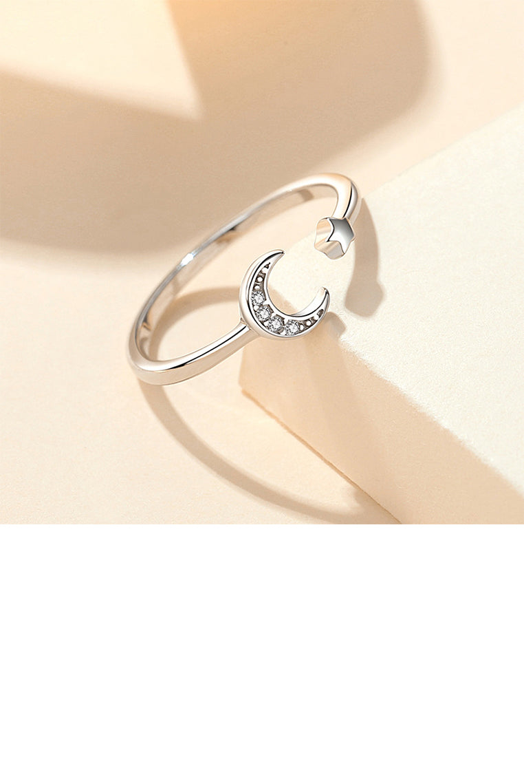925 Sterling Silver Simple Fashion Moon Star Adjustable Open Ring with Cubic Zirconia - Luxurious Look