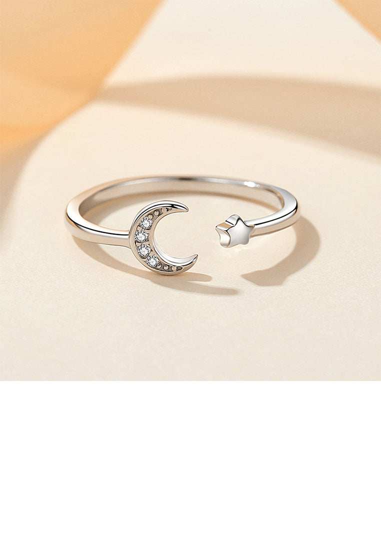 925 Sterling Silver Simple Fashion Moon Star Adjustable Open Ring with Cubic Zirconia - Luxurious Look