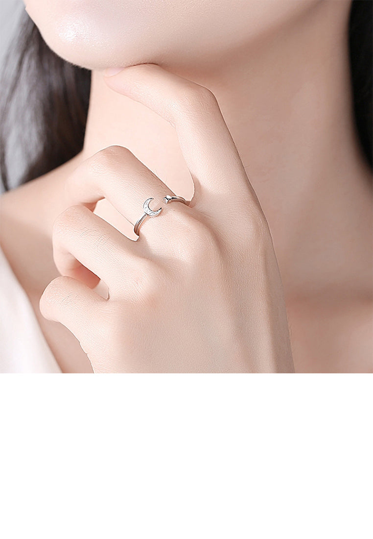925 Sterling Silver Simple Fashion Moon Star Adjustable Open Ring with Cubic Zirconia - Luxurious Look