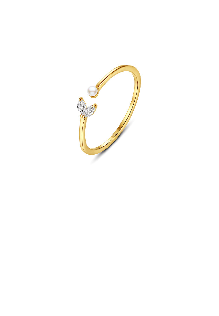 925 Sterling Silver Plated Gold Fashion Simple Geometric Imitation Pearl Adjustable Open Ring with Cubic Zirconia - Luxurious Look