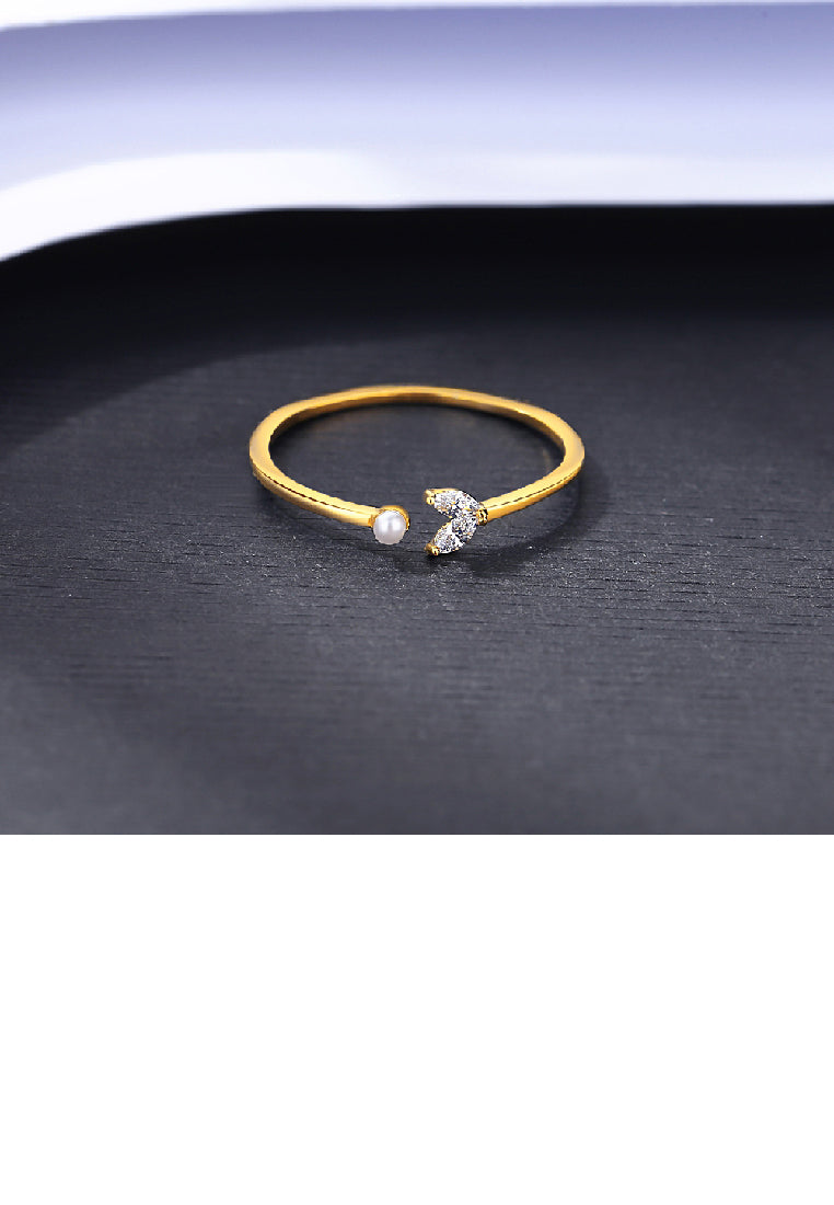 925 Sterling Silver Plated Gold Fashion Simple Geometric Imitation Pearl Adjustable Open Ring with Cubic Zirconia - Luxurious Look