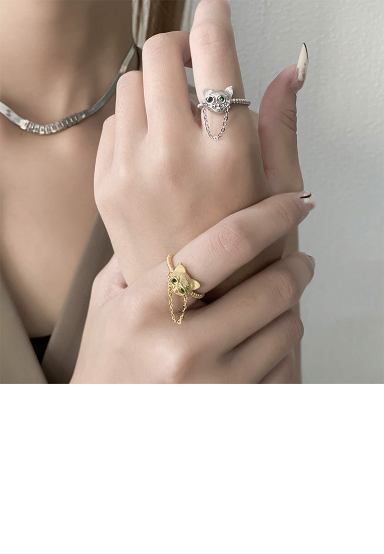 925 Sterling Silver Plated Gold Simple Cute Cat Tassel Adjustable Open Ring with Cubic Zirconia - Luxurious Look