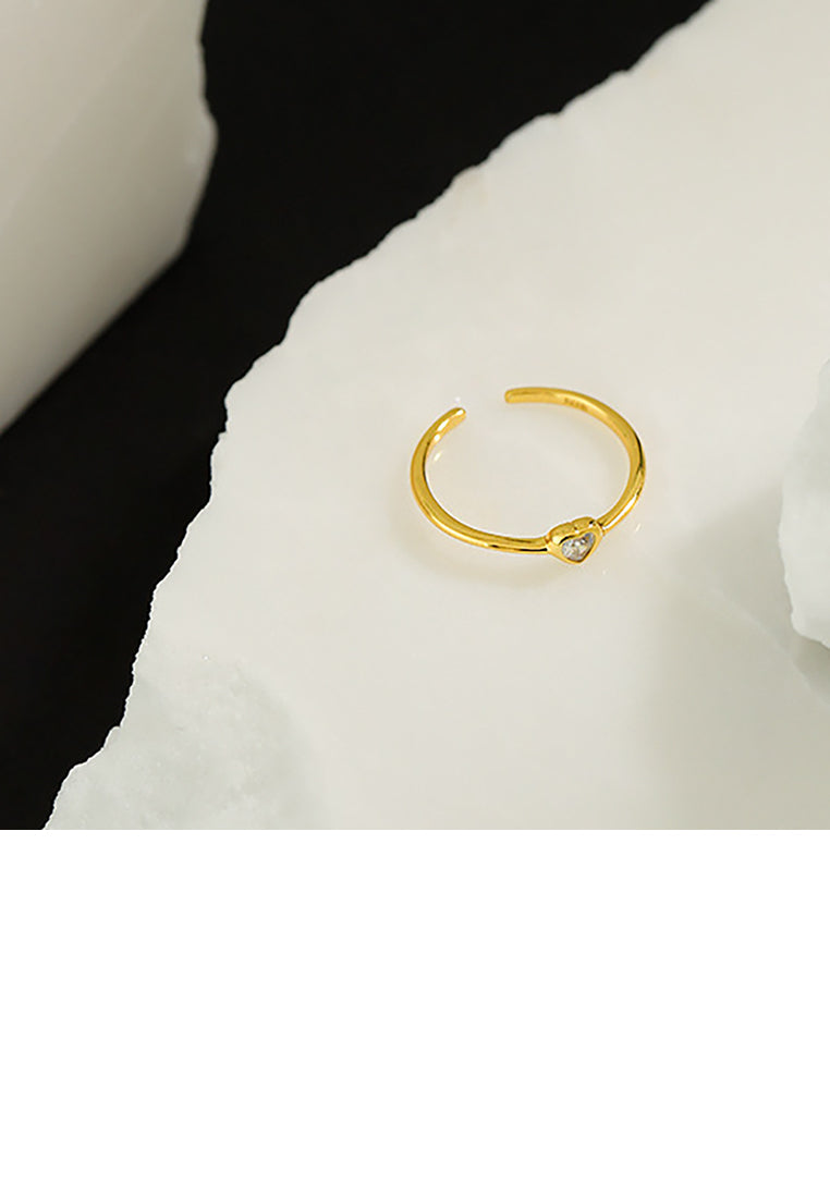925 Sterling Silver Plated Gold Simple and Delicate Heart-shaped Geometric Adjustable Opening Ring with Cubic Zirconia - Luxurious Look