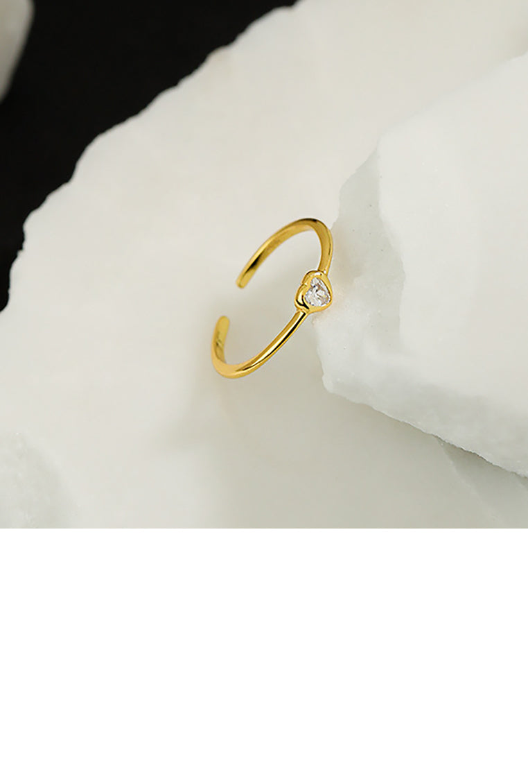 925 Sterling Silver Plated Gold Simple and Delicate Heart-shaped Geometric Adjustable Opening Ring with Cubic Zirconia - Luxurious Look