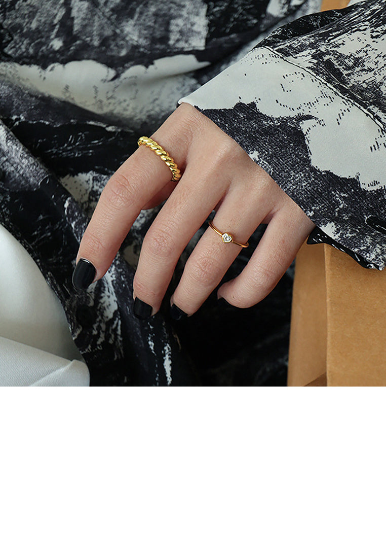 925 Sterling Silver Plated Gold Simple and Delicate Heart-shaped Geometric Adjustable Opening Ring with Cubic Zirconia - Luxurious Look