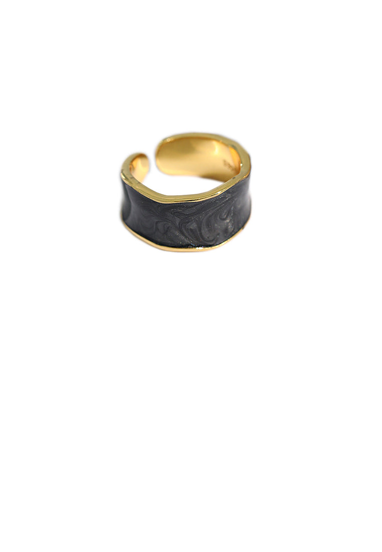 925 Sterling Silver Plated Gold Fashion Simple Irregular Black Geometric Adjustable Opening Ring