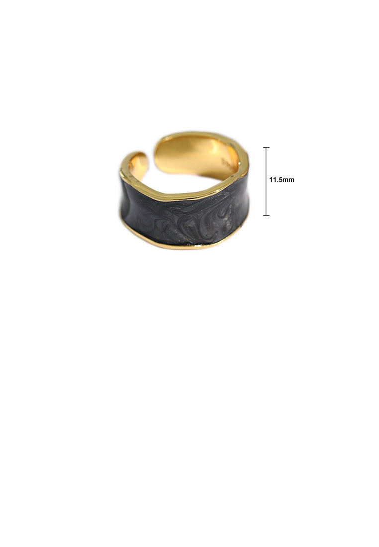 925 Sterling Silver Plated Gold Fashion Simple Irregular Black Geometric Adjustable Opening Ring