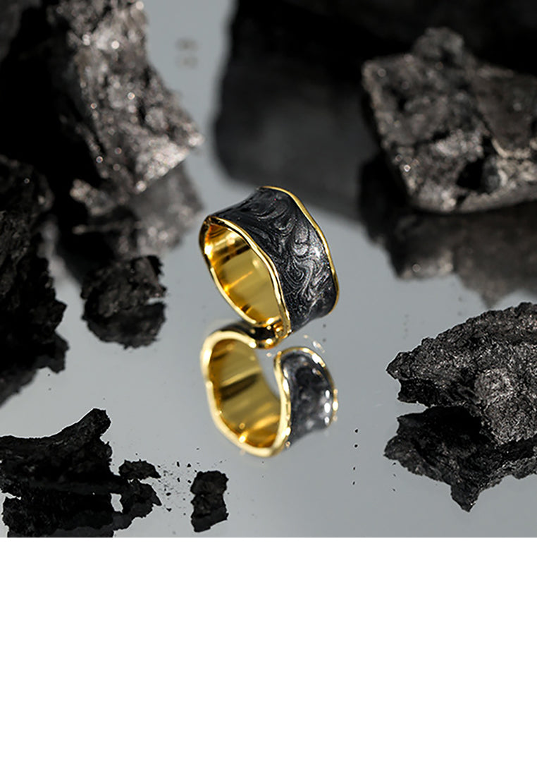 925 Sterling Silver Plated Gold Fashion Simple Irregular Black Geometric Adjustable Opening Ring