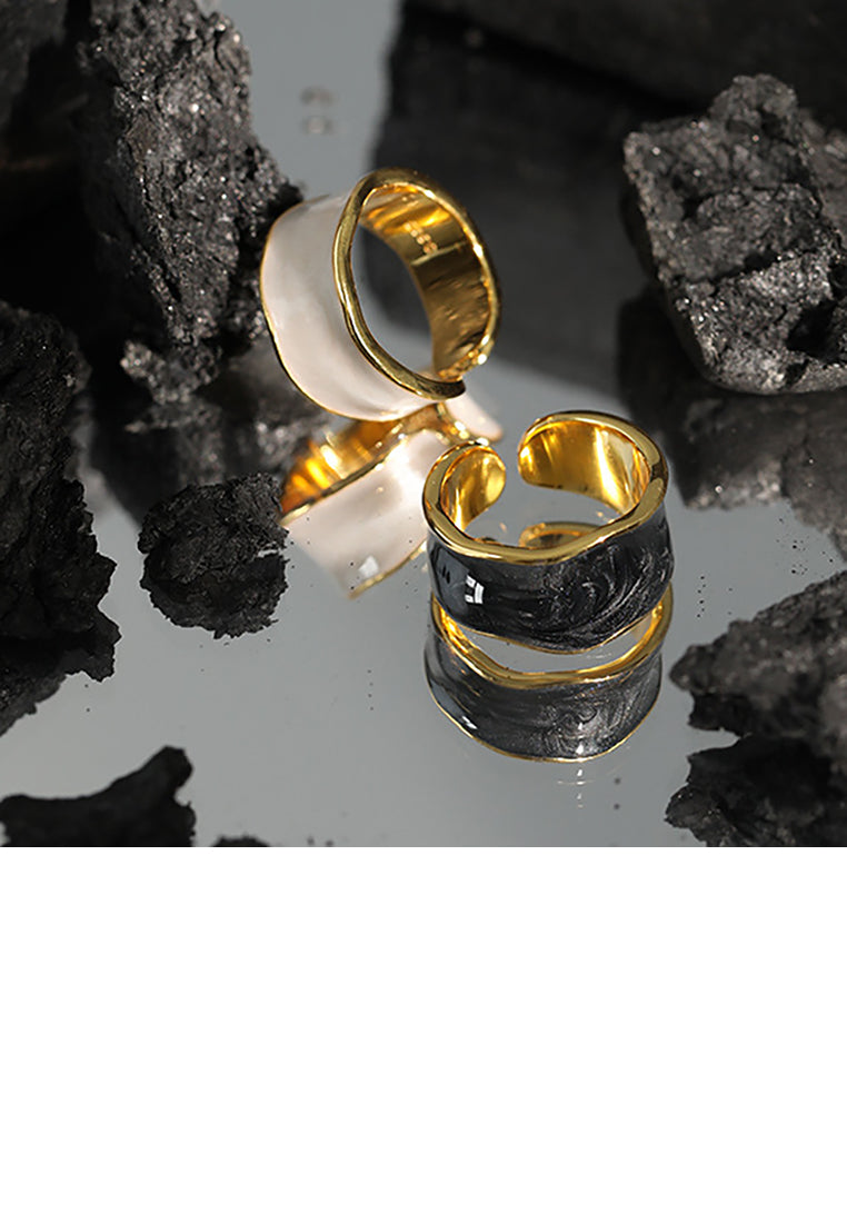 925 Sterling Silver Plated Gold Fashion Simple Irregular Black Geometric Adjustable Opening Ring